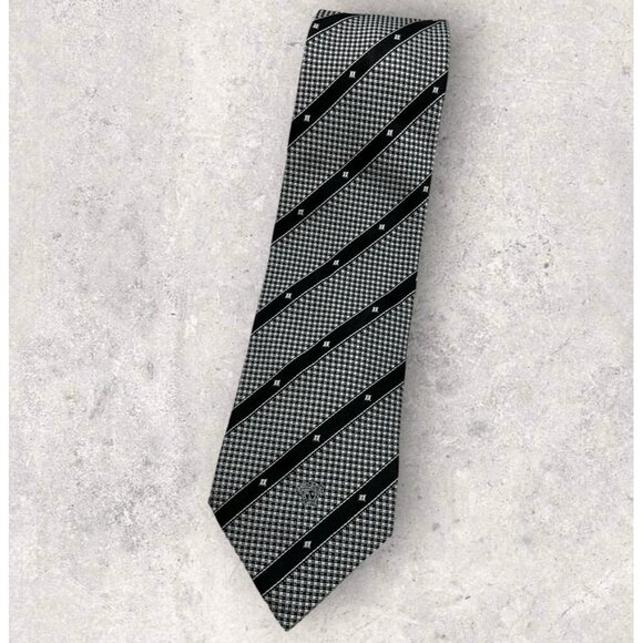 GIANNI VERSACE Silk Tie ITALY Black White Striped Logo W:3.8 EUC